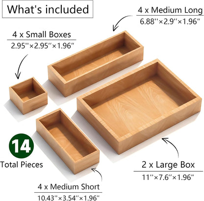 Bamboo Drawer Organizer 5 Pcs for Kitchen Multi-purpose Storage Dividers for Kitchen, Office, Jewelry, Cosmetics, Wooden Drawer Dividers for Drawer Organizer Desk Organizer Gift for Women Gifts Idea