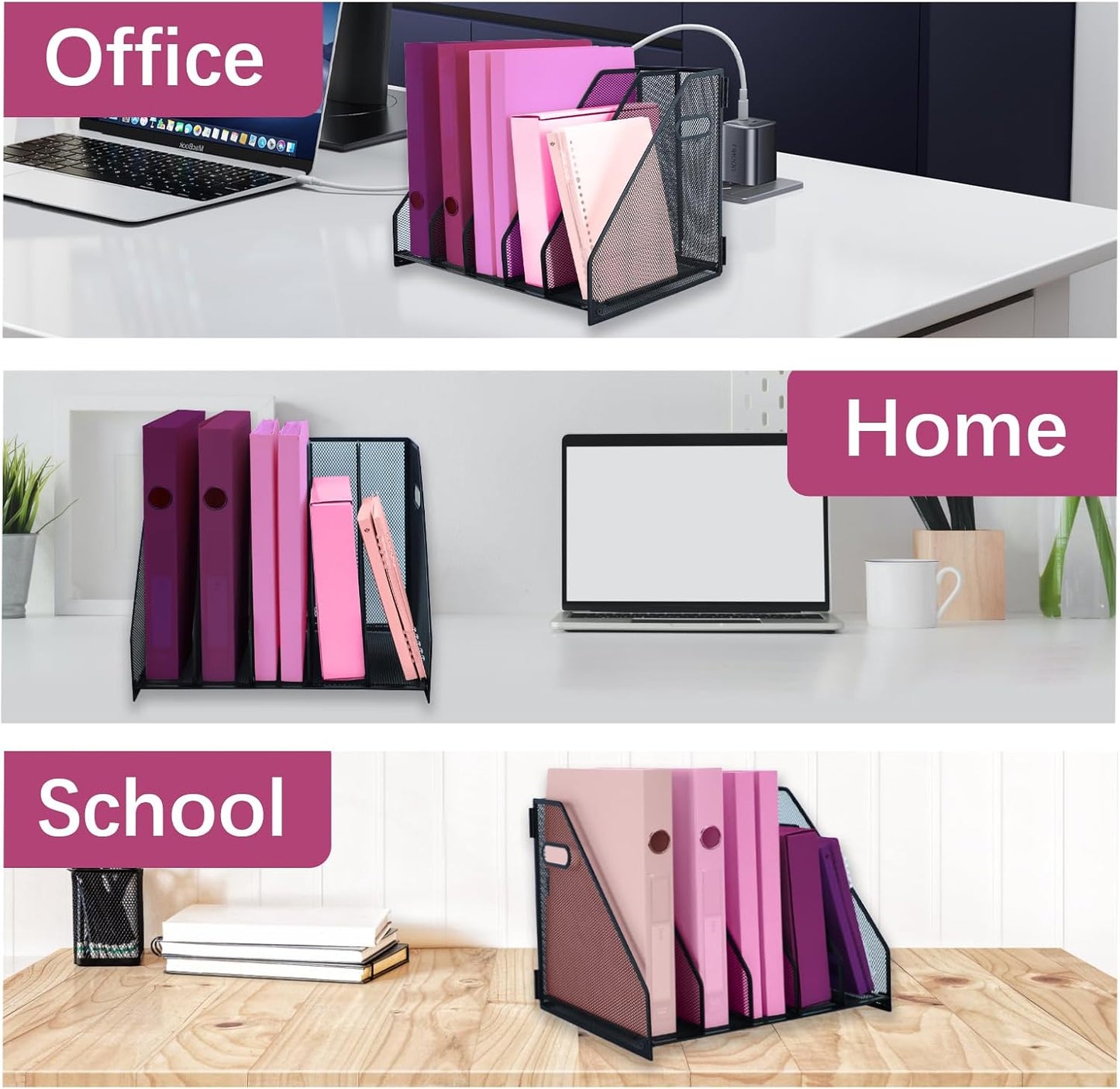Desk Organizers, Metal Magazine File Holder with 2 Vertical Compartments Rack Binder File Organizer for Office Supplies, Home Workspace - Black