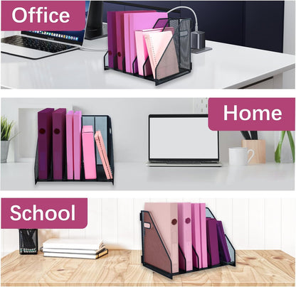 Desk Organizers, Metal Magazine File Holder with 2 Vertical Compartments Rack Binder File Organizer for Office Supplies, Home Workspace - Black