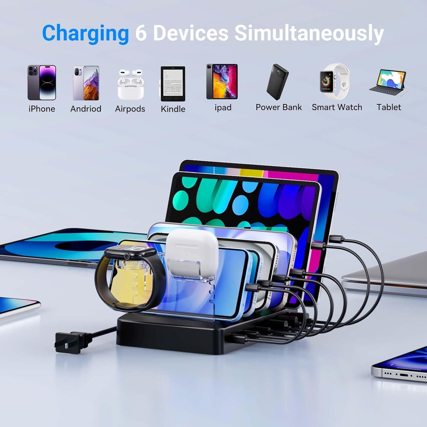 Charging Station for Multiple Devices,60W 6 Port Charger Station with 7 Mixed Charging Cables,USB Charging Dock,Compatible with Cellphone,Tablet, Kindle, iPhone iPad and More (White)