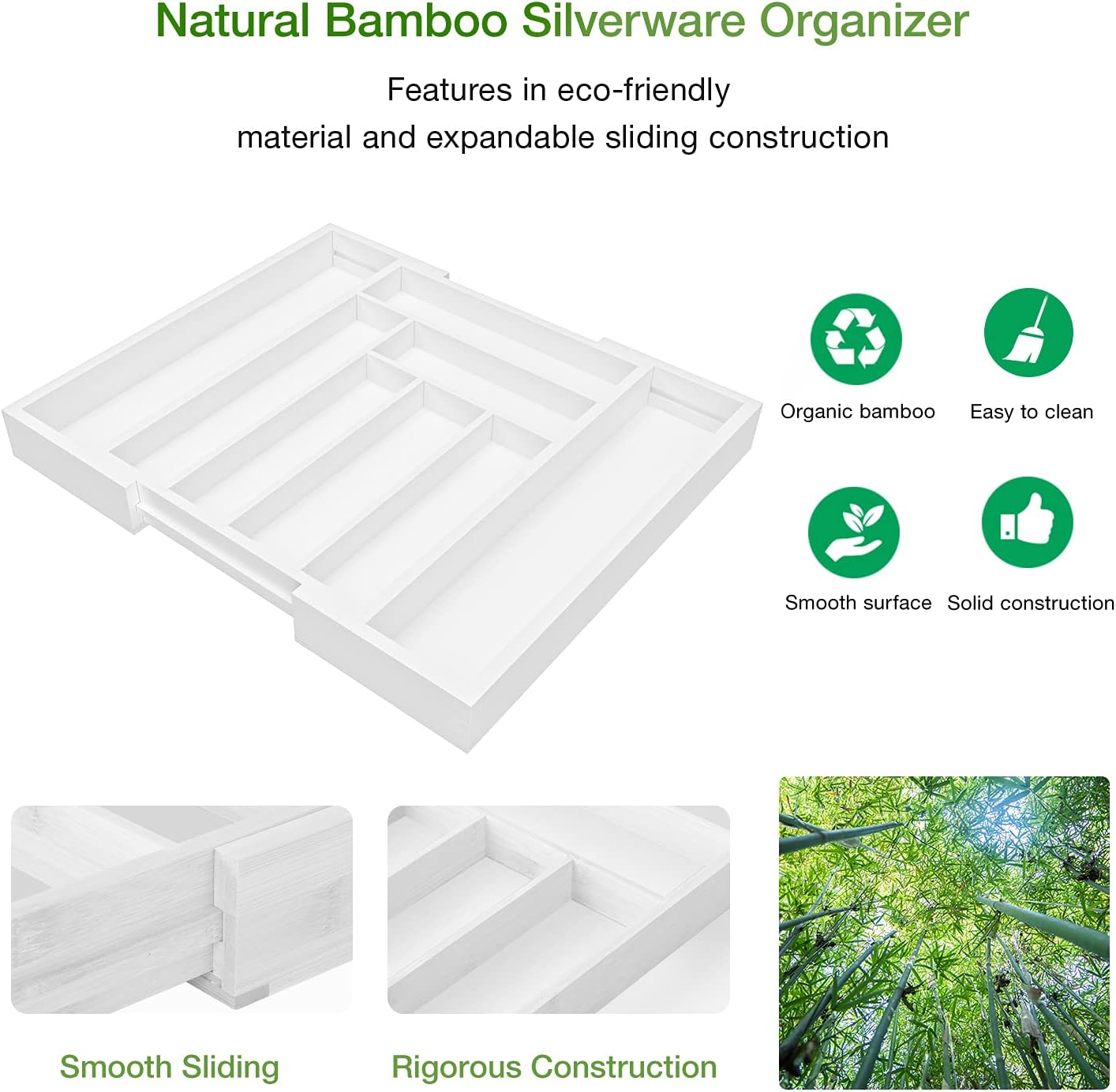 Pipishell Bamboo Expandable Silverware Drawer Organizer, Adjustable Kitchen Utensil Tray for Forks, Spoons and Knives, Wood Storage Cutlery Holder for Bedroom and Living Room