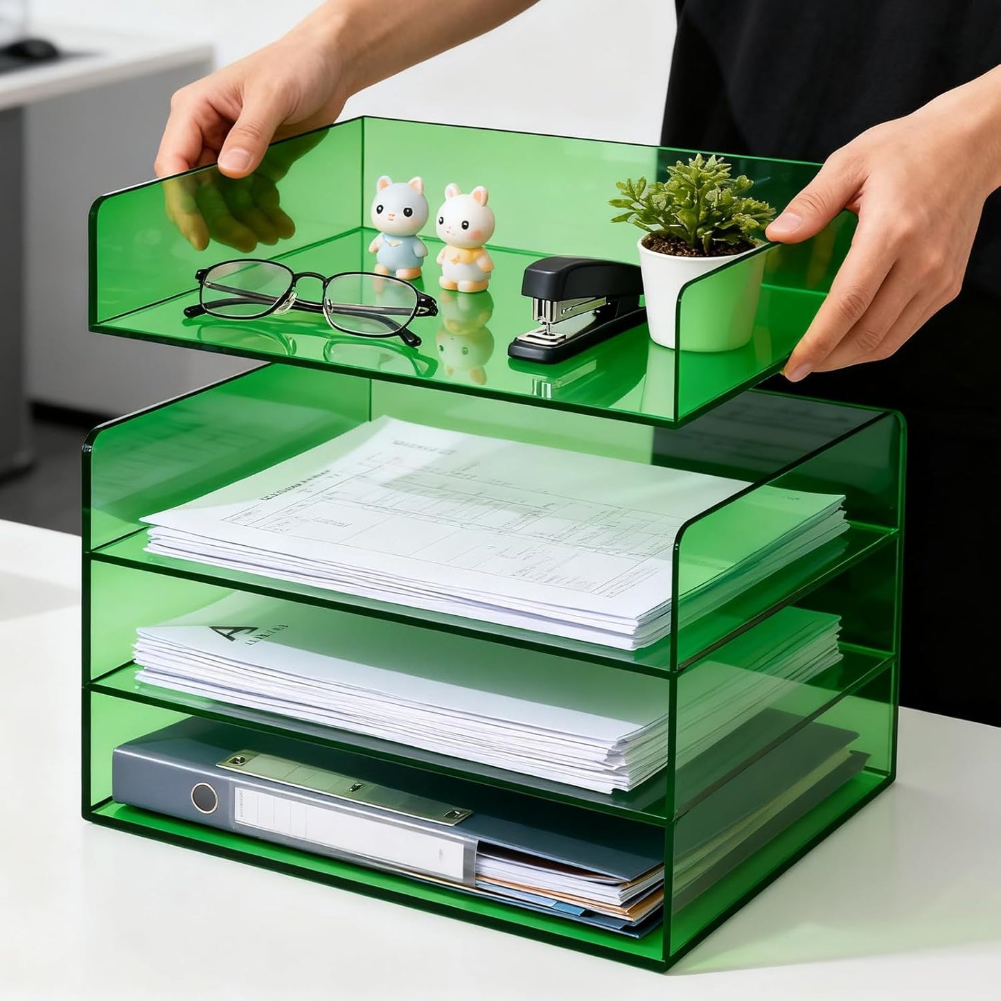 Gelite Acrylic File Organizer for Desk 4 Tiered Stackable Letter Tray Office Paper Storage Desktop Document Sorter, Neon Pink