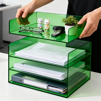 Gelite Acrylic File Organizer for Desk 4 Tiered Stackable Letter Tray Office Paper Storage Desktop Document Sorter, Neon Pink