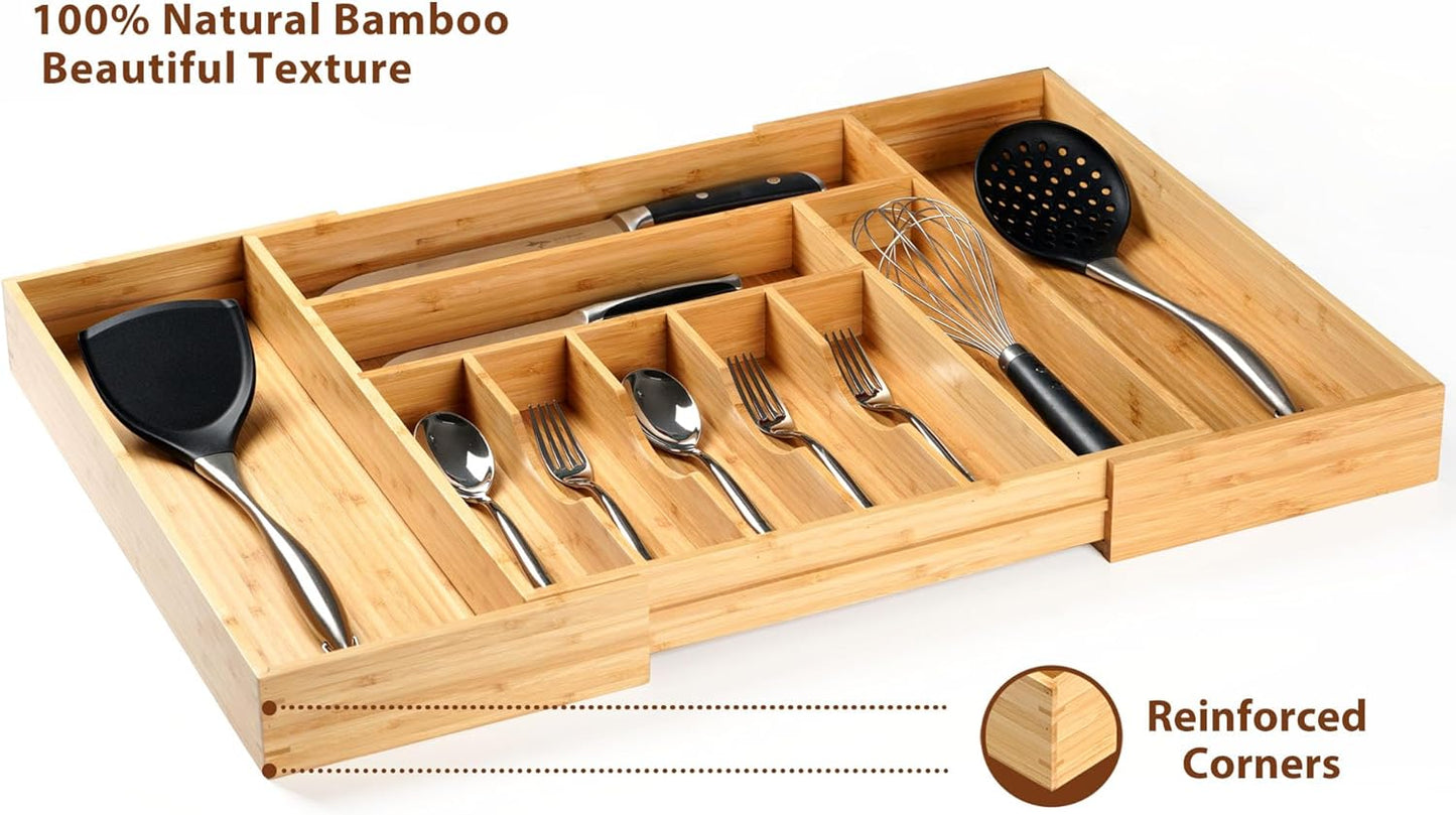 Umilife Bamboo Kitchen Drawer Organizer, 13 Inch Silverware Utensil Tray Holder, Extra Deep Grooved Drawer Divider, 7 Slots Total Bamboo Wood Caddy for Flatware Cutlery Knives, Forks, Spoons