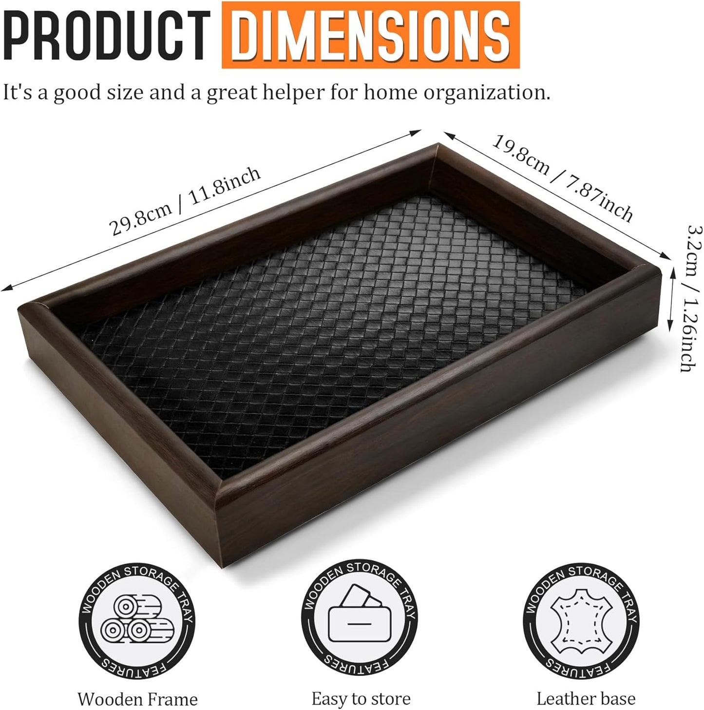 Wooden Valet Tray Desk Organizer with Leather Base,Nightstand, Entryway Bedside Dump Holder for Wallets, Keys, Watches, Jewelry & Sunglasses