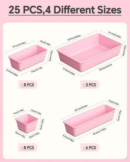 KEMETHY 25 PCS Plastic Drawer Organizers Set, 4 Sizes Vanity Organizer, Makeup and Desk Drawer Organizer Trays, Organization and Storage for Makeup, Bathroom, Kitchen Utensils and Office (Black)