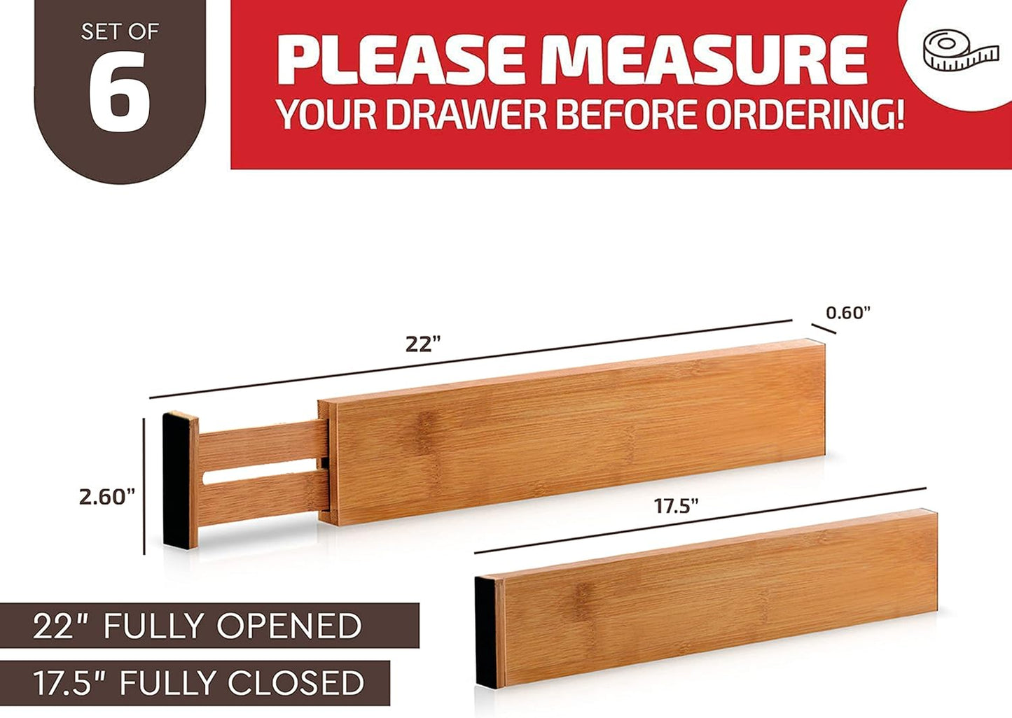 6-Pack Drawer Dividers - 2.6 Inches High, Adjustable 16 to 22 Inches Bamboo Drawer Organizer, Large Expandable Separator for Clothes, Dresser, Bedroom, Bathroom, Baby, Office, Kitchen Utensils, Black