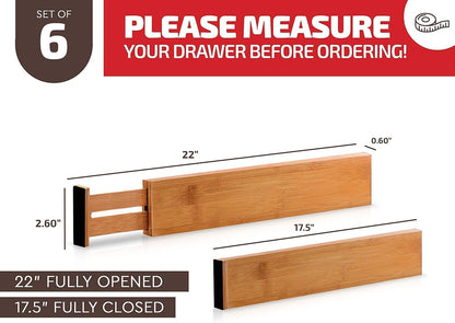 6-Pack Drawer Dividers - 2.6 Inches High, Adjustable 16 to 22 Inches Bamboo Drawer Organizer, Large Expandable Separator for Clothes, Dresser, Bedroom, Bathroom, Baby, Office, Kitchen Utensils, Black