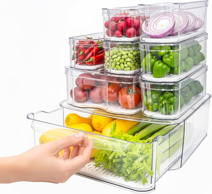 SMRCAD 8 Pack Refrigerator Organizers, Clear Pull-out Drawer Container and Organizer Bins with Lids, Stackable Storage Containers for Fruits, Vegetable (Set of 8 (Include Pull Out Drawer))