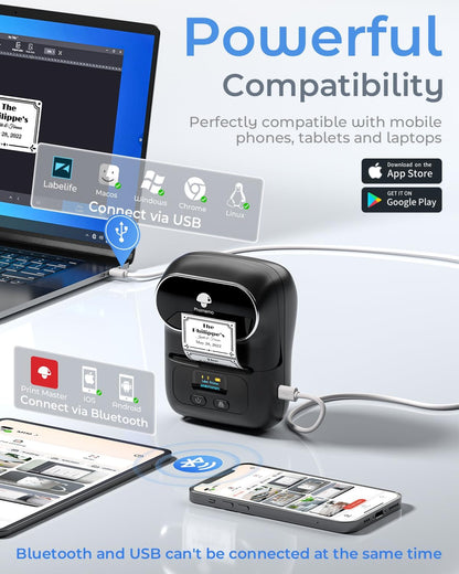 Phomemo M110 Label Makers - Barcode Label Printer Bluetooth Label Maker Portable Thermal Printer for Small Business, Address, Barcode, Logo, Clothing, Mailing, Sticker Printers for Phone & PC, Black