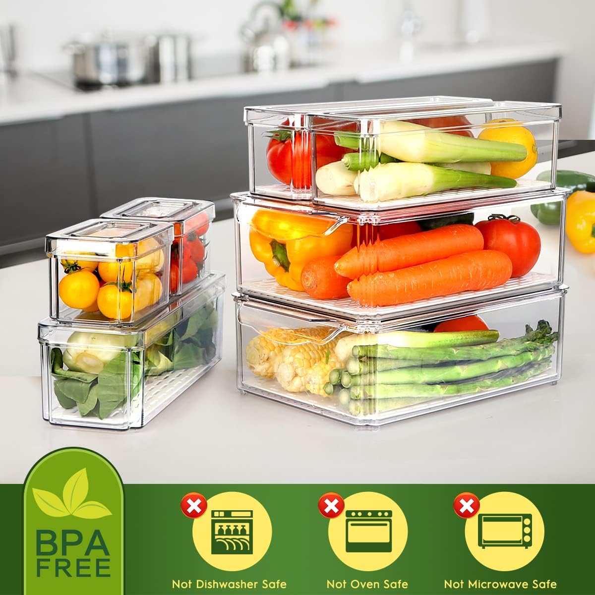 ZIJUND 4 Pack Fridge Organizer, Stackable Refrigerator Organizer Bins with Lids, BPA-Free Fridge Organizers and Storage Containers for Fruit, Vegetable, Food, Drinks, Cereals, Clear