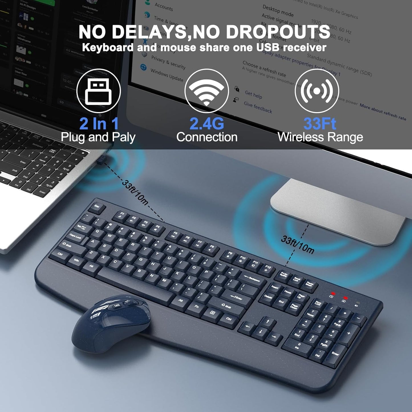 Wireless Keyboard and Mouse Combo, 2.4G Full Size Wave Keys Ergonomic Keyboard with Wrist Rest and 3-Level DPI Adjustable Wireless Ergonomic Mouse for Windows, Mac OS Desktop/Laptop/PC(Black)