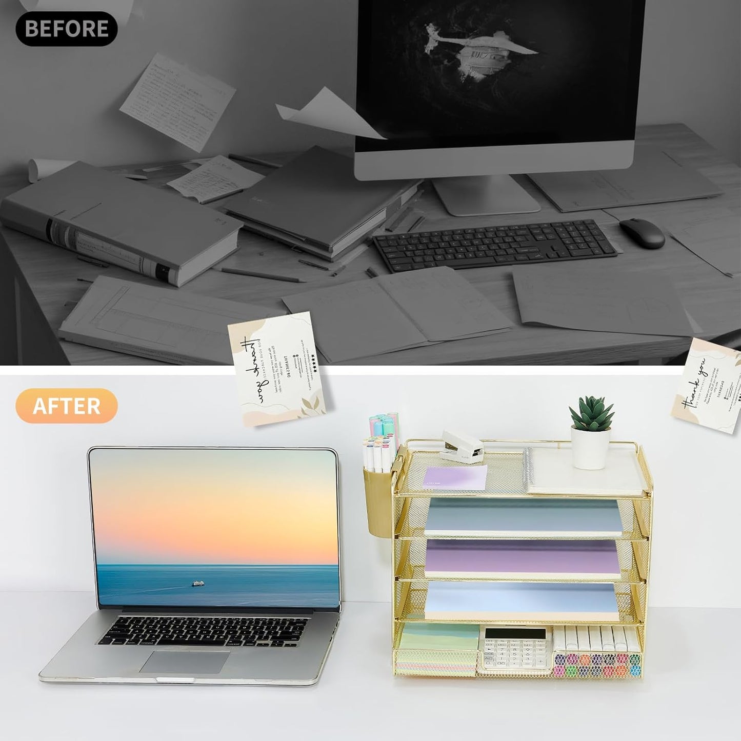 LEKETREE Desk Organizers and Accessories, 5-Tier Paper Letter Tray Organizer with File Holder, Desktop Organizer for Office Supplies (Black)