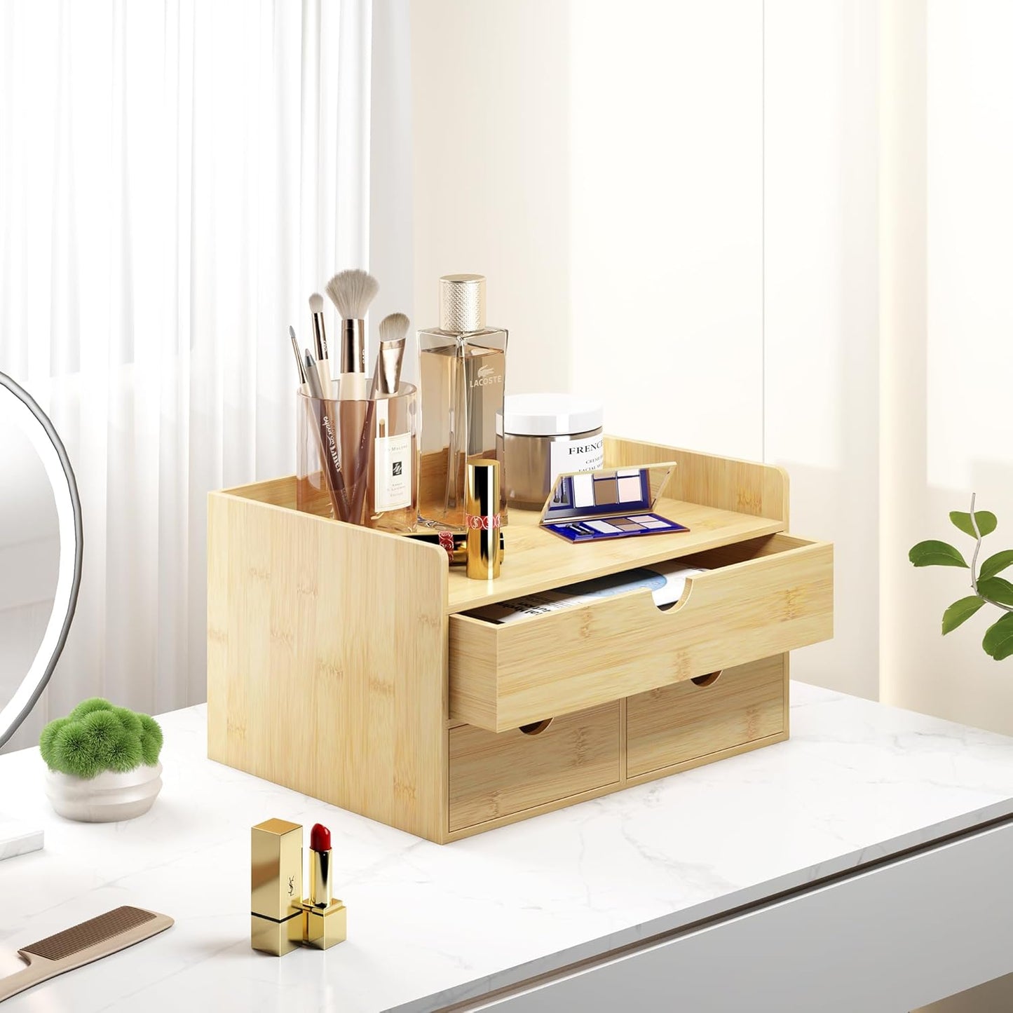 Wisuce Desk Organizer with Drawers - Bamboo Desktop Organizer Storage Natural Wood Desk Drawers Organizer for Bills, Office Supplies, Cosmetics, Seals No Assembly Required 3 Drawers（left-right)