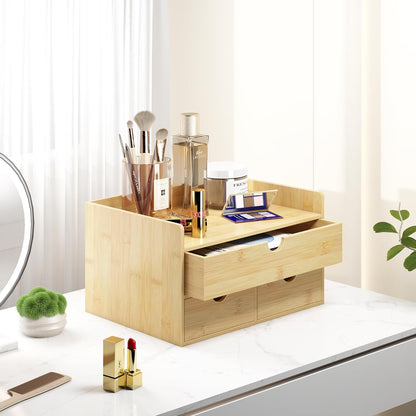 Wisuce Desk Organizer with Drawers - Bamboo Desktop Organizer Storage Natural Wood Desk Drawers Organizer for Bills, Office Supplies, Cosmetics, Seals No Assembly Required 3 Drawers（left-right)