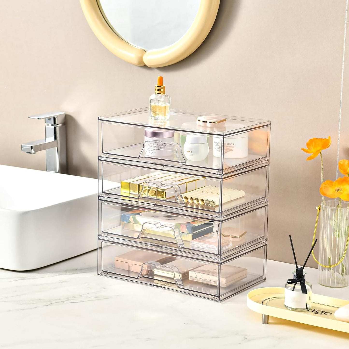 Stebopum 6 Pack Stackable Makeup Organizer, 4.4'' Tall Acrylic Bathroom Makeup Organizer and Storage Drawer with Pull-out Handle, Clear Plastic Storage Bins for Vanity,Pantry,Desk,Undersink,Kitchen