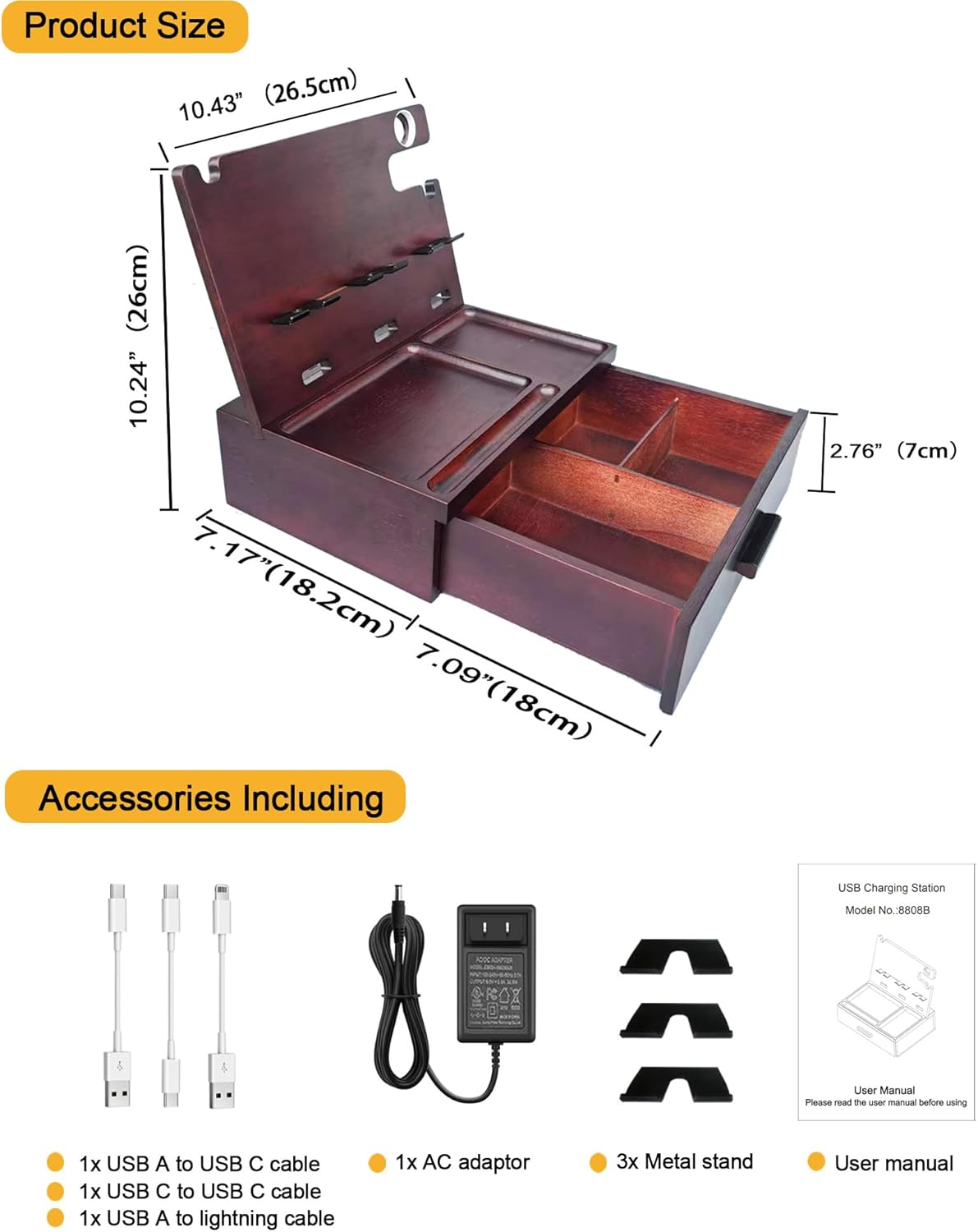 Nightstand Organizer with Drawer Built in 4 USB Charger, Wood Phone Docking Station with Dual Phone Charging Station for Apple Android Phones Anniversary Birthday Gifts for Men Dad Hunsband Mom