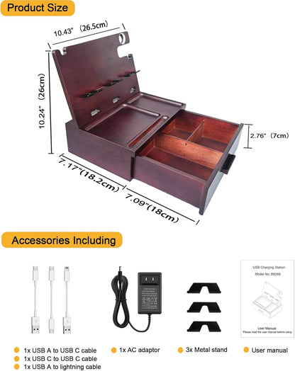 Nightstand Organizer with Drawer Built in 4 USB Charger, Wood Phone Docking Station with Dual Phone Charging Station for Apple Android Phones Anniversary Birthday Gifts for Men Dad Hunsband Mom