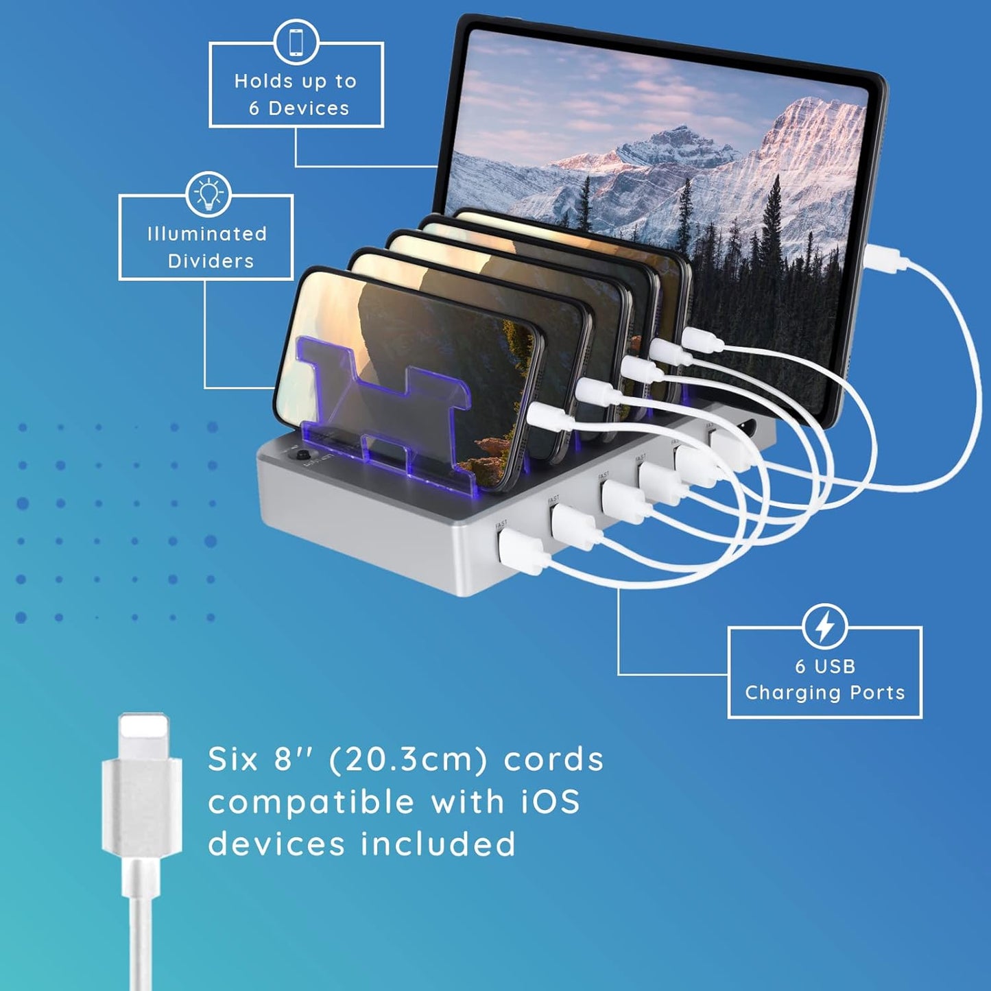 Charging Station for Multiple Devices – 6-Port USB Charging Dock for Apple & Android – Fast Multi-Charger Organizer for Phones, Tablets & More – Universal Desktop Charging Hub with Smart IC Tech