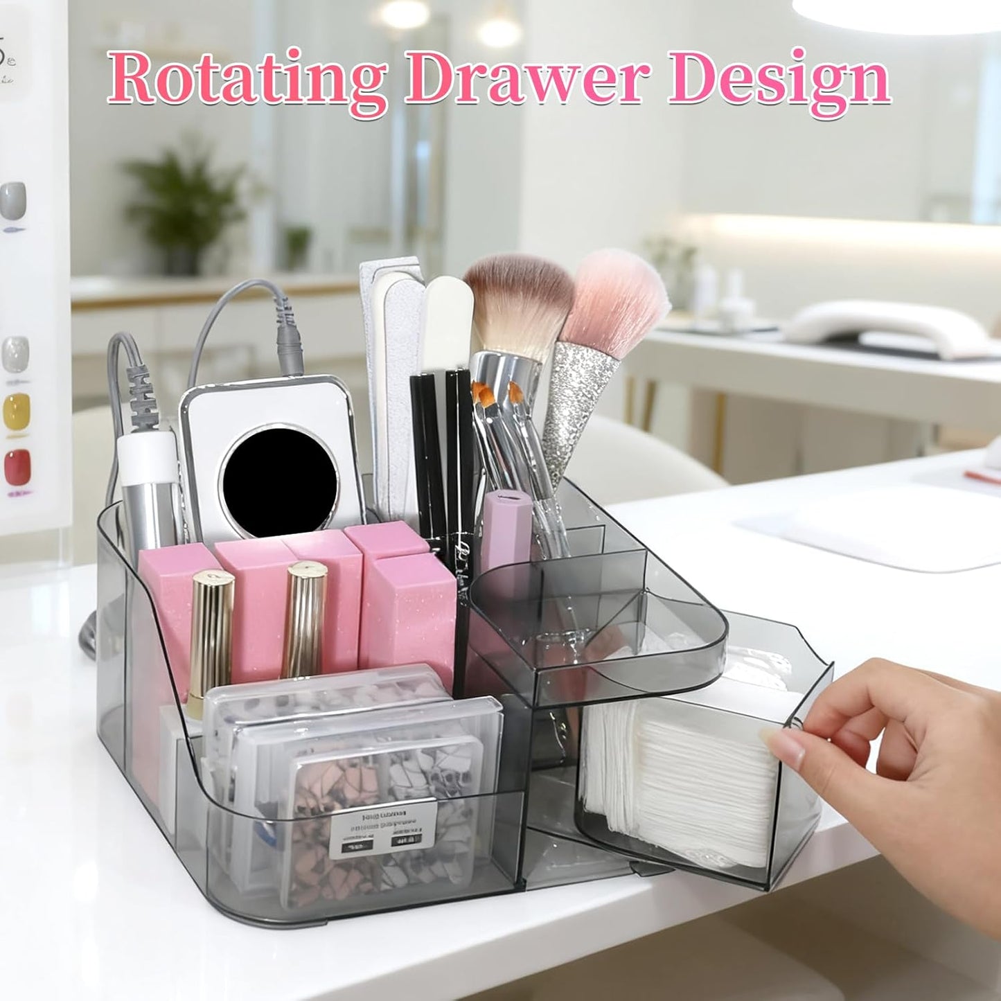 BQAN Transparent Acrylic Nail Desk Organizer with Spinning Drawer, Drill & Brush Holder, Desktop Manicure Tool Storage for Nail Techs, Makeup, Skin Care (Black) - Professional Salon or Home Use
