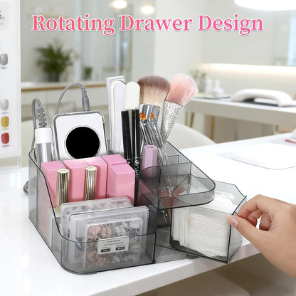 BQAN Transparent Acrylic Nail Desk Organizer with Spinning Drawer, Drill & Brush Holder, Desktop Manicure Tool Storage for Nail Techs, Makeup, Skin Care (Black) - Professional Salon or Home Use