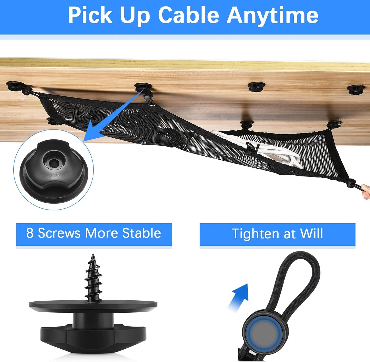 Cable Management Net Under Desk Kit,Privacy Mesh Cable Manager Flexible Under Desk Wire Net Large Capacity Cord Organizer Net for Office,Standing Desk, Home, 26 X 10 Inches