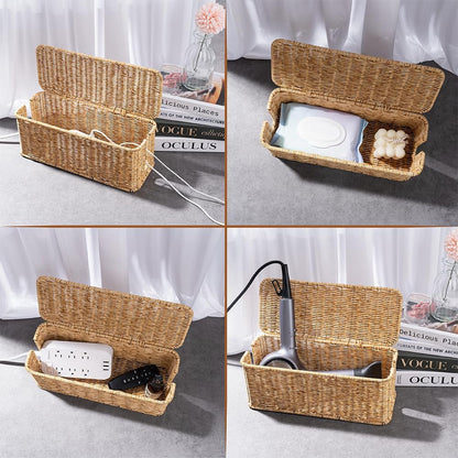 Cable Management Box, Handmade Rattan Cable Organizer with 2 Open Slots, Cord Hider for Power Strip, Router & USB Hub, Registered U.S. Design Patent (D1,112,102), 13" x 5.1" x 5.1", Natural