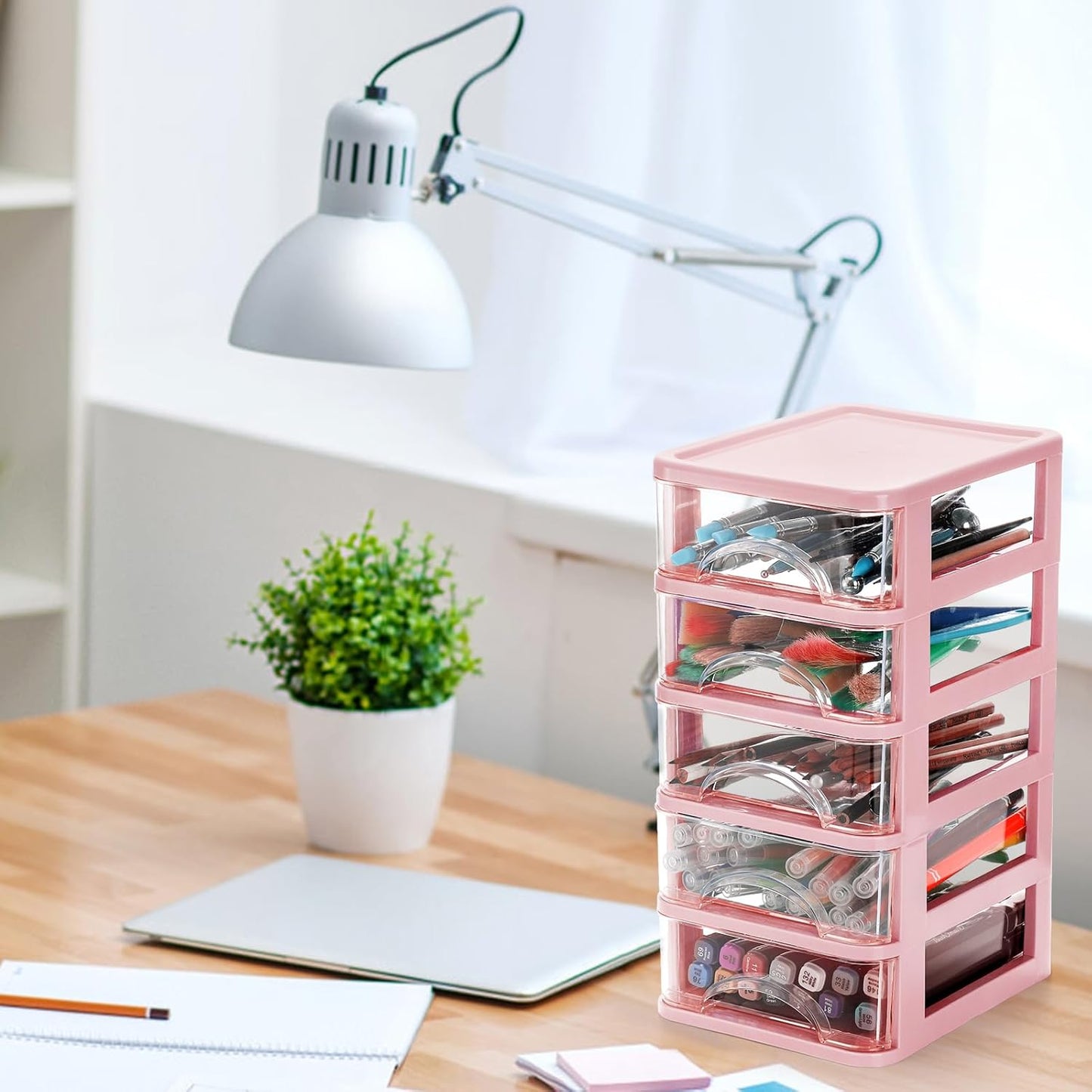 Hedume Desktop Drawer, Clear 5-Drawer Desktop Storage Unit, Small Organizer Box Storage Container Case, Frame with Clear Drawers, Drawer Unit