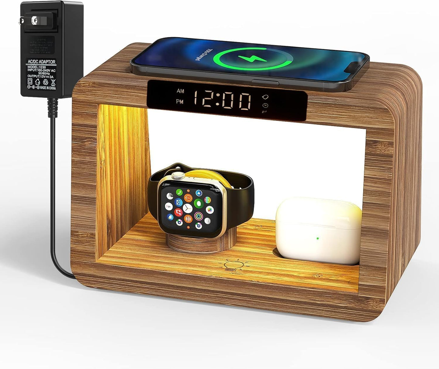 Bamboo Charging Station with Alarm Clock, 15W Fast Wireless Charger with Stepless Dimmable Night Light, 5 in 1 Wood Style Nightstand Organizer Compatible with iPhone/iWatch/AirPods
