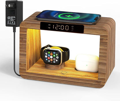 Bamboo Charging Station with Alarm Clock, 15W Fast Wireless Charger with Stepless Dimmable Night Light, 5 in 1 Wood Style Nightstand Organizer Compatible with iPhone/iWatch/AirPods