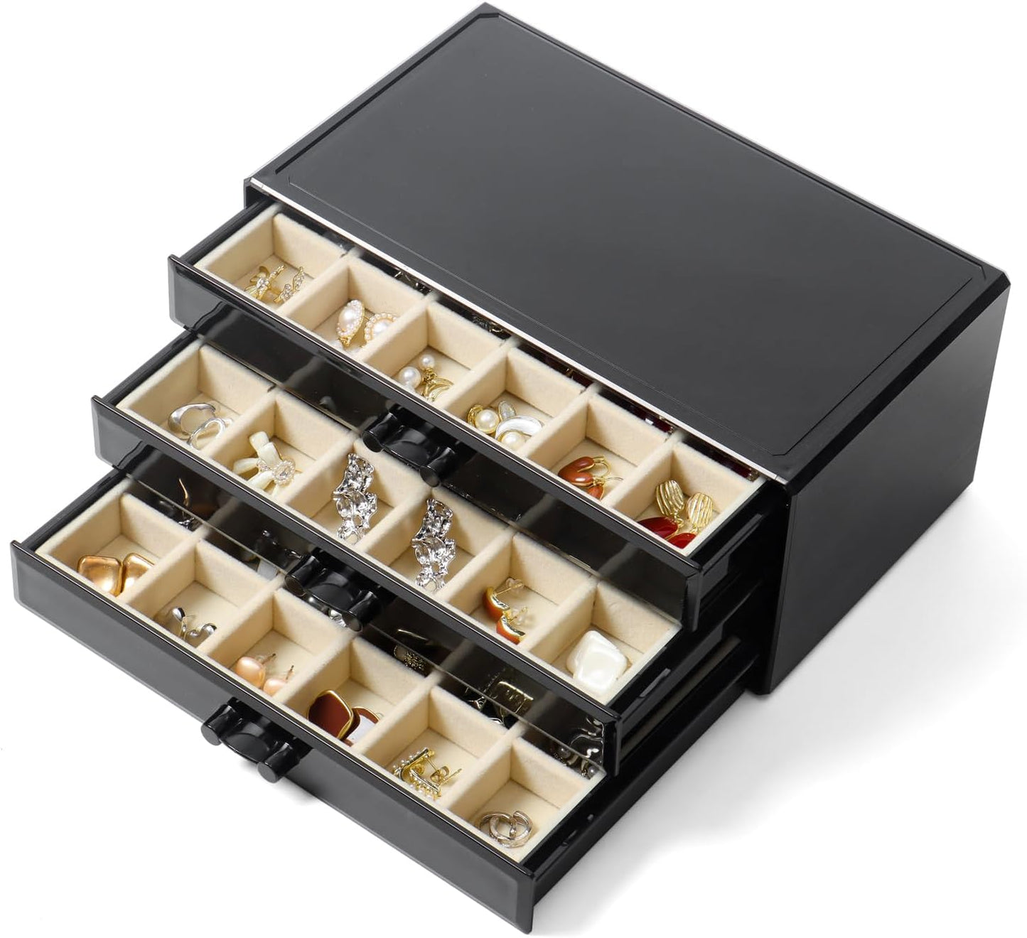YUFONG Earring Organizer Box Acrylic Jewelry Organizer with 3 Drawers 54 Adjustable Grids Clear Stackable Earring Holder Velvet Trays Ring Display Case for Women Girls (Beige)