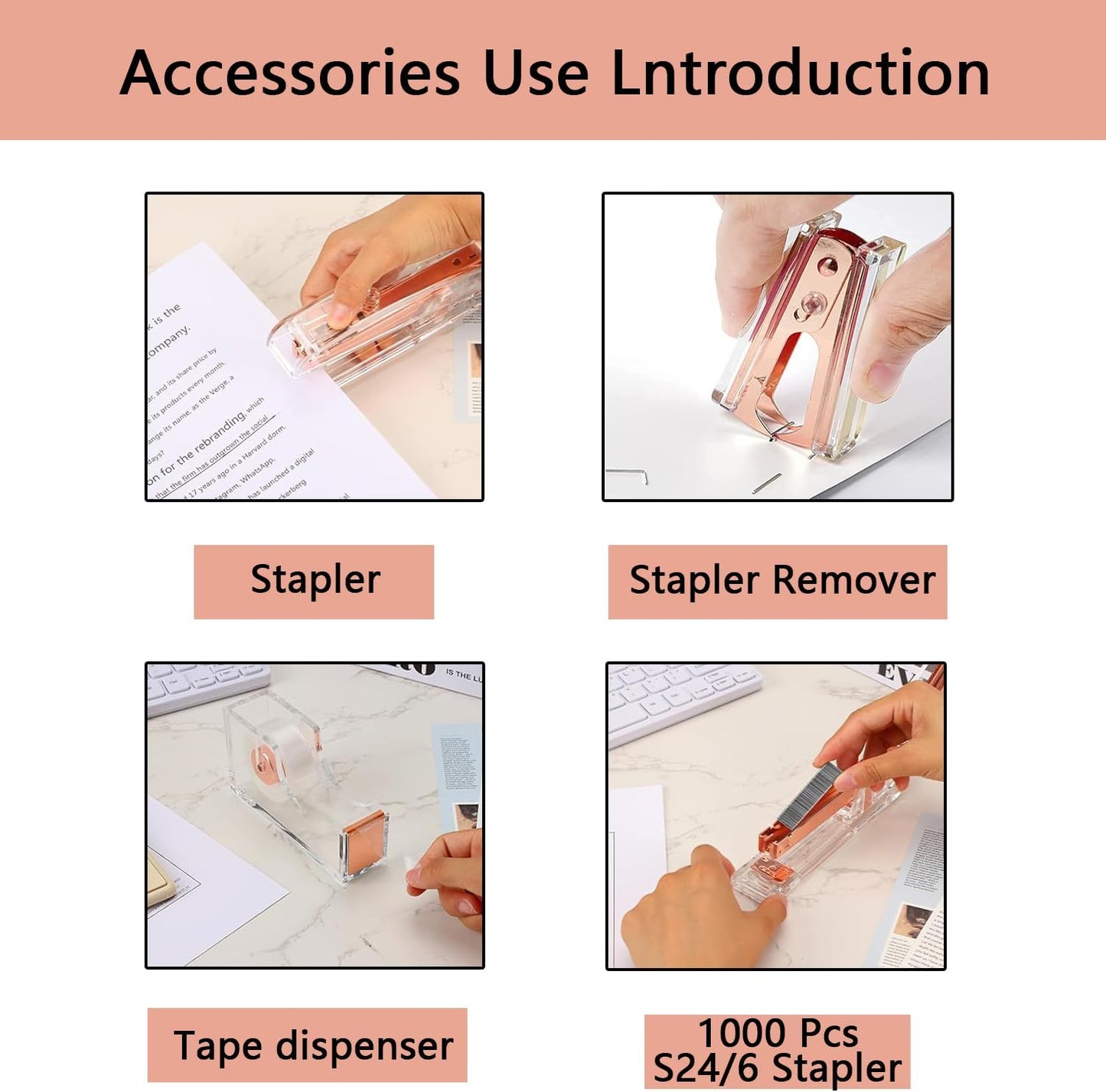 suniya Office Supplies,Gold Desk Accessories,with Stapler,Tape Dispenser,Pen Holder,Scissors,Phone Stand,Staple Remover,Ballpoint Pen,Clear Tape, Staples,Ruler,Clips,Best Gift for Business or Boss