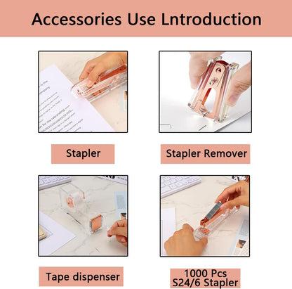 suniya Office Supplies,Gold Desk Accessories,with Stapler,Tape Dispenser,Pen Holder,Scissors,Phone Stand,Staple Remover,Ballpoint Pen,Clear Tape, Staples,Ruler,Clips,Best Gift for Business or Boss
