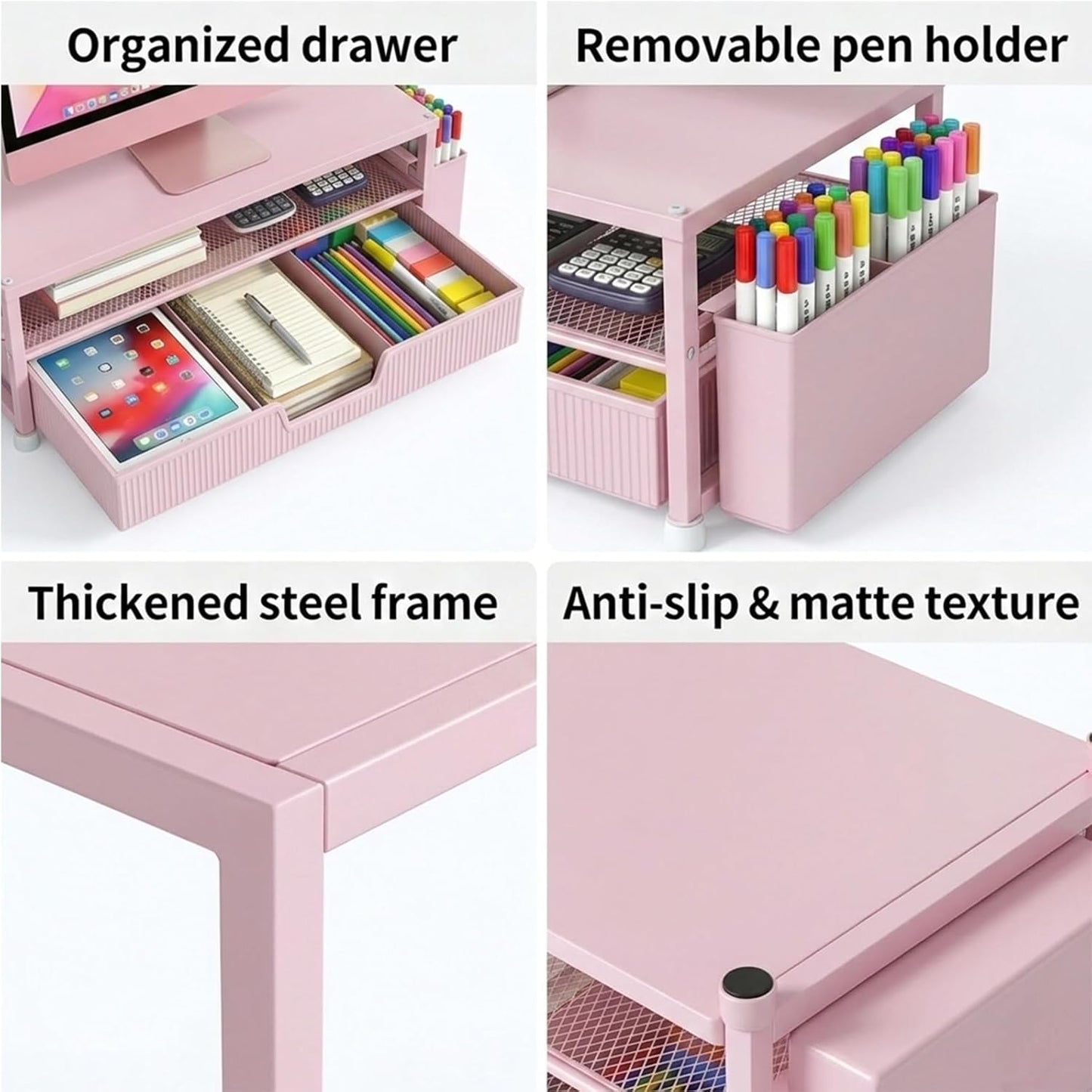 ECOLOVI Desk Organizer and Accessories, 2-Tier Computer Monitor Stand Rise with Storage Drawer & 2 Pen Holders, Laptop & Printer Stand for Desktop, Workspace Organizers for Office Supplies (Blue)