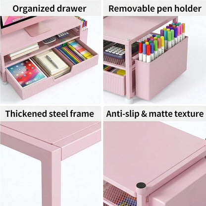 ECOLOVI Desk Organizer and Accessories, 2-Tier Computer Monitor Stand Rise with Storage Drawer & 2 Pen Holders, Laptop & Printer Stand for Desktop, Workspace Organizers for Office Supplies (Blue)
