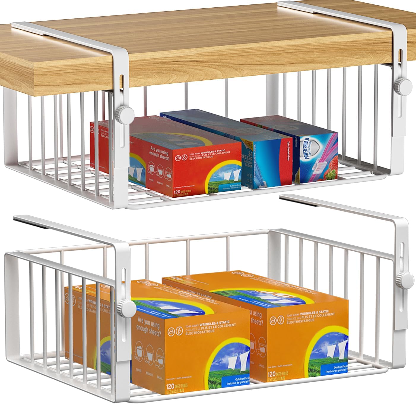 AmonHouseware 2Pack Under Shelf Basket Organizer,Adjustable Hanging Holder Storage for Cabinet Pantry Kitchen Cupboard Desk Counter Bookshelf Organization Add-on Space Saver Heavy Duty Slide-in,Black