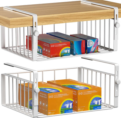 AmonHouseware 2Pack Under Shelf Basket Organizer,Adjustable Hanging Holder Storage for Cabinet Pantry Kitchen Cupboard Desk Counter Bookshelf Organization Add-on Space Saver Heavy Duty Slide-in,Black