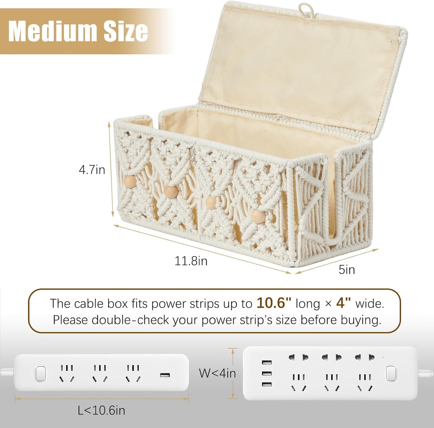 Cable Management Box Handmade Macrame Cord Storage Organizer Power Strips Outlet Router Adapter TV Wire Hider Cover Under Desk Natural Cotton Rope Woven Boxes with Lid (Off White, Large)