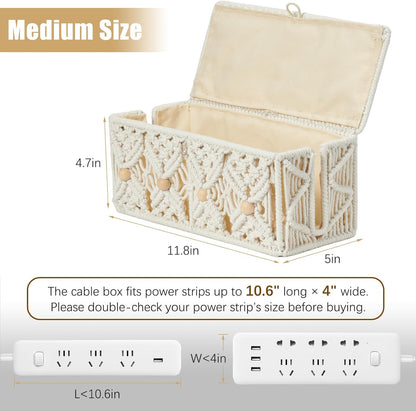 Cable Management Box Handmade Macrame Cord Storage Organizer Power Strips Outlet Router Adapter TV Wire Hider Cover Under Desk Natural Cotton Rope Woven Boxes with Lid (Off White, Large)
