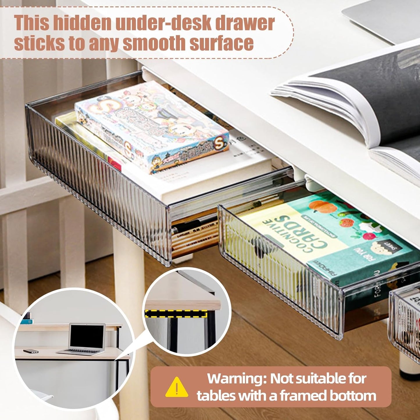 2Pcs Under Desk Storage Drawers Slide Out,Large&Medium, Stick On Desk Drawer Organizer Hidden Under Table Drawer for Home Office School Organization and Storage-Transparent Black