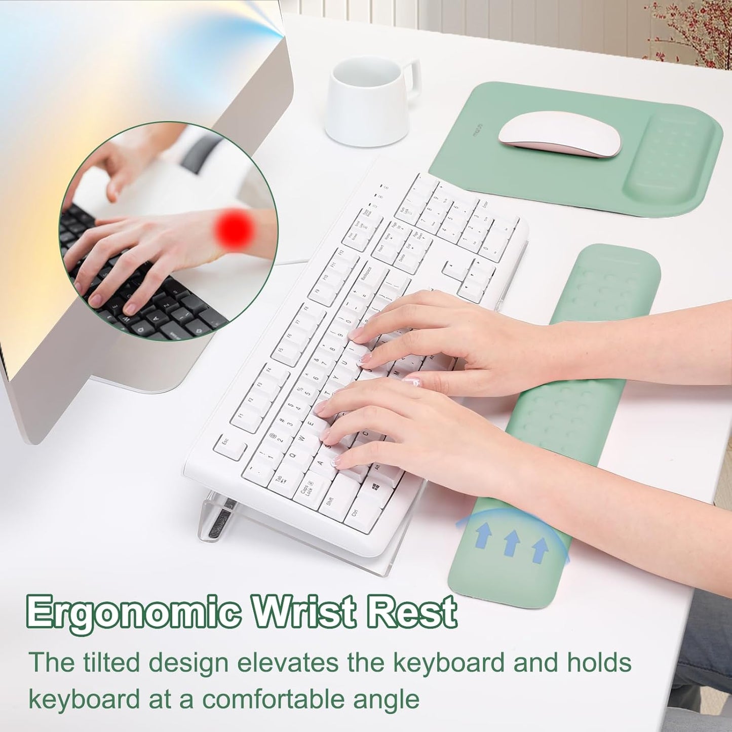 MOSISO Computer Keyboard Stand&Wrist Rest Support for Keyboard &Mouse Pad Set, Ergonomic Massage Wrist Rest Set, Easy Typing Working Acrylic Clear Stand for Office Home, Apricot