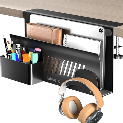 Litwaro Desk Side Storage Organizer, 2 Tier Under Desk Laptop Holder No Drill, Laptop Mount with Magnetic Pen Holder, Hanging Desk Organizer Fits Flat Edge Desks 0.4" to 2.1" (White)