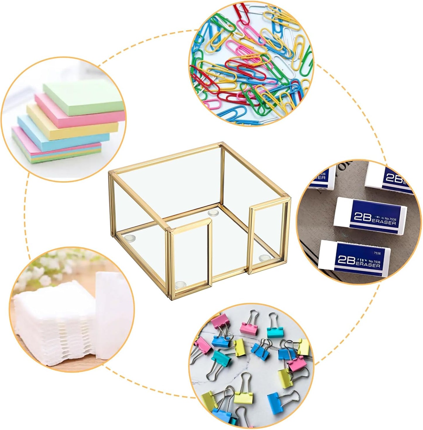 BTSKY Golden Glass 3x3 Inch Sticky Note Holder with Pen Slot, Elegant Post It Note Dispenser with Non-Slip Pads Clear Notepad Holder for Desk Organization Planning, Home Office Decor
