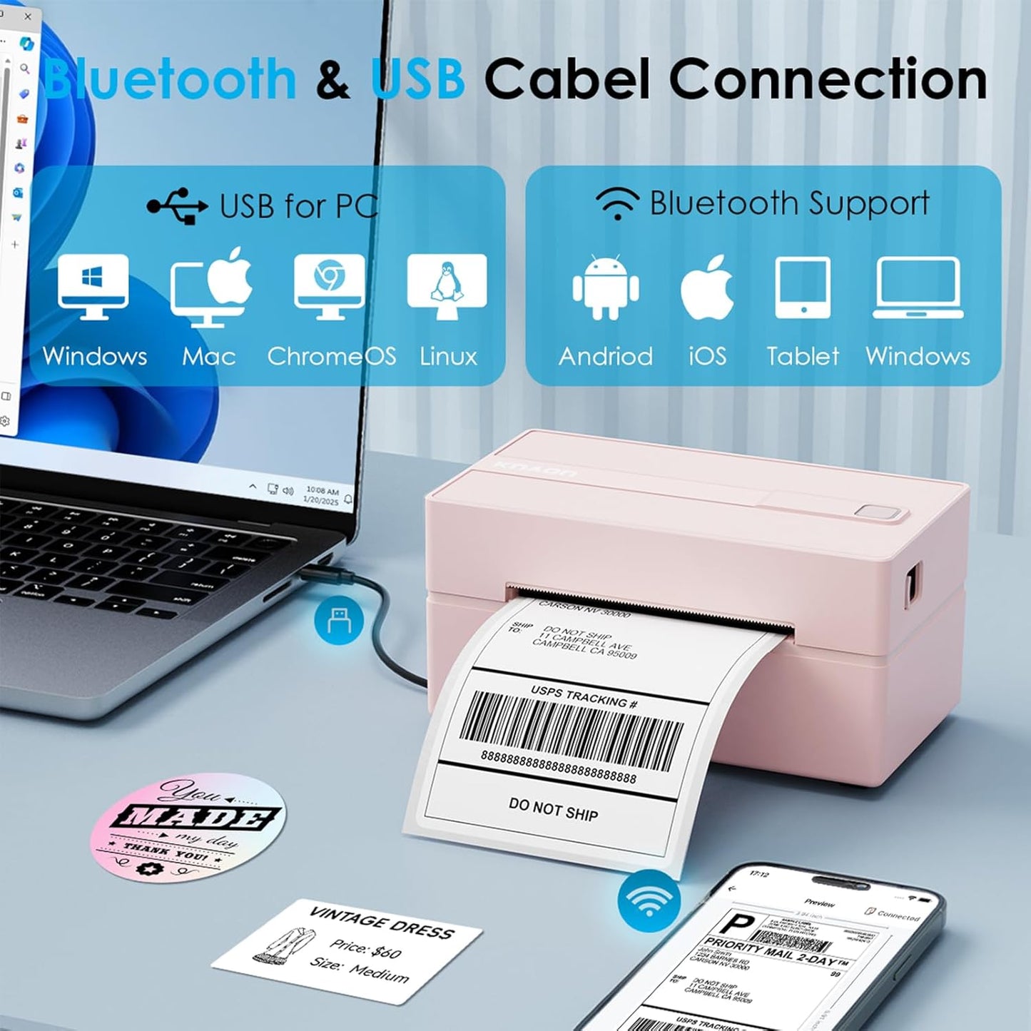 KNAON Bluetooth Thermal Shipping Label Printer, 4x6 Portable Thermal Address Label Printer for Small Business, Compatible with iPhone,Android,Windows,Mac–Works with Etsy Shopify USPS&More, White