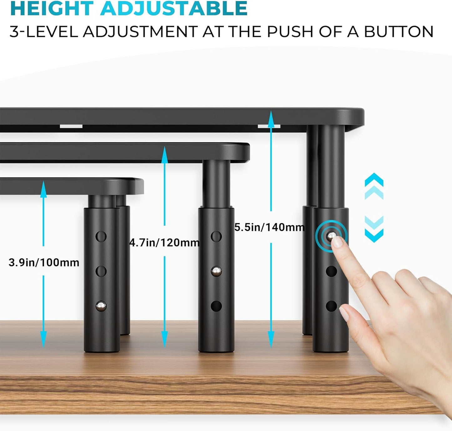 BONTEC Monitor Stand 2 Pack Height Adjustable Metal Riser with Pen Holder, Black, 14.5” x 9.1”, Ergonomic Desktop Stand for Computer, Printer, Laptop, Adjustable Desk Riser with Cable Management