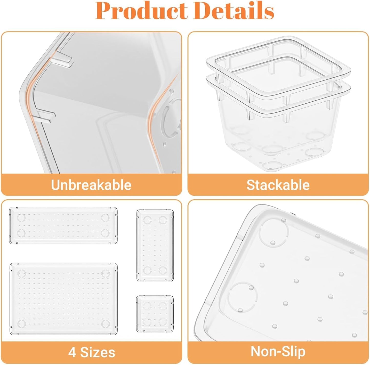SpaceHacks 15 PCS Clear Plastic Drawer Organizer Set, 4-Size Acrylic Drawer Storage Trays, Storage Bins for Makeup, Gadgets, and Jewelry in Bathroom, Bedroom and Office, Clear Black