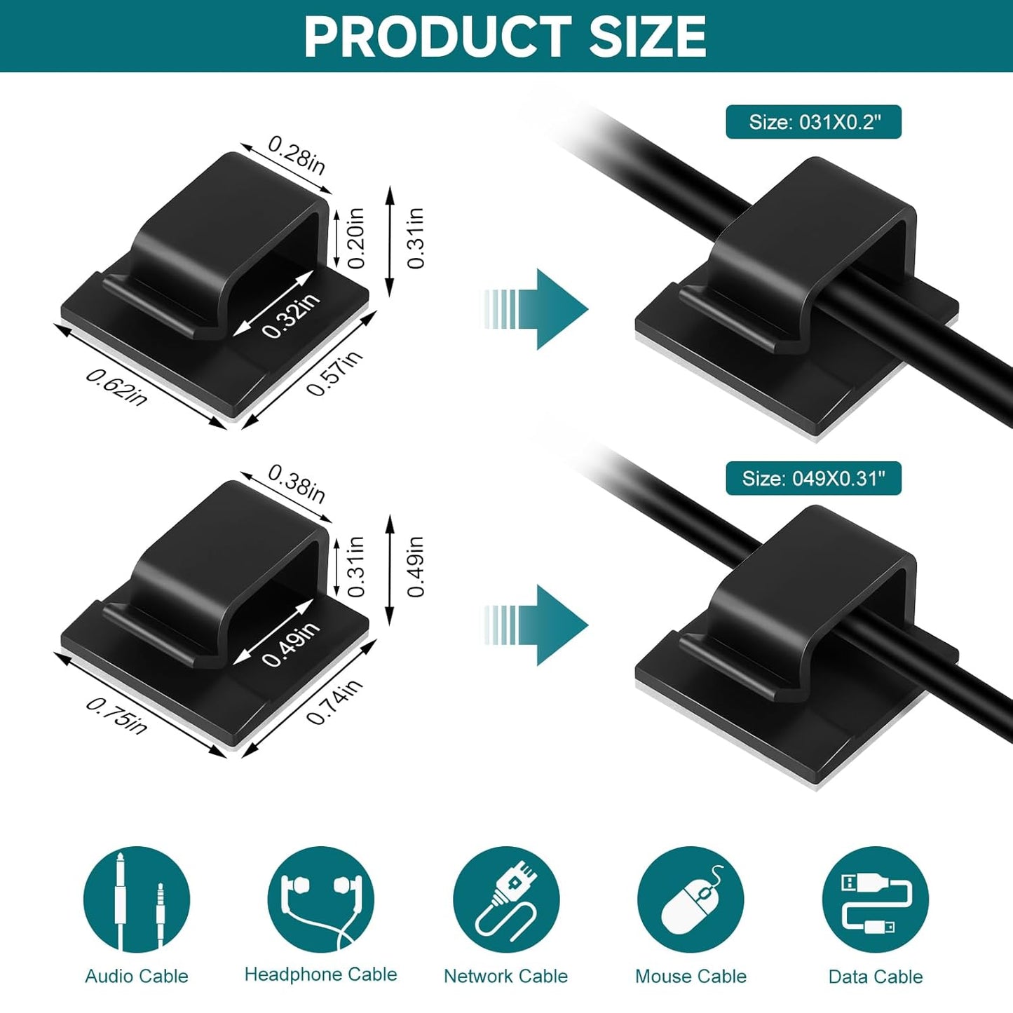 63pcs Black Cable Management,Adhesive Cable Clips,Cord Organizer ID 032" X0.2",Cord Clips for Wires on Wall,Under Desk,Nightstand,PC,TV,Outdoor Lights Strip,Plant Clips for Climbing Plants