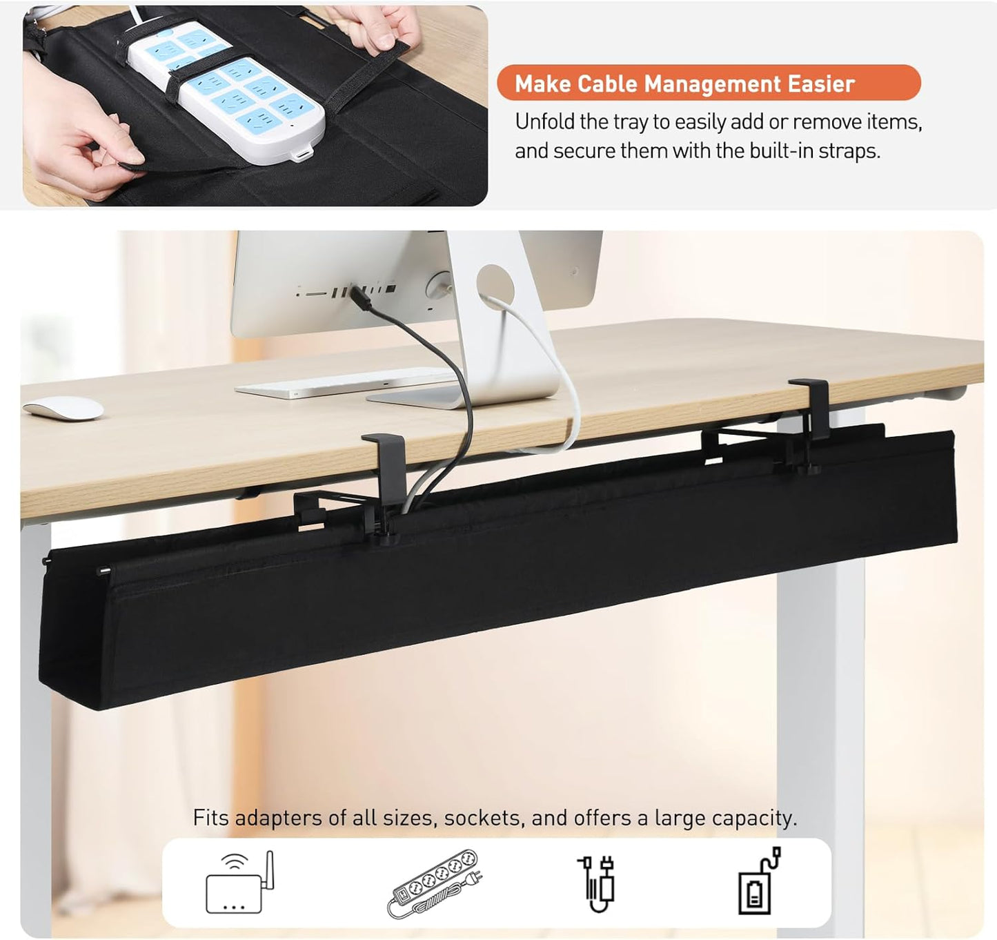 MAXECHO Under Desk Cable Management Tray 28" - Clamp on Wire and Cable Organizer for Storage and to Hide Cords - Ideal for Home Office - Premium Black Fabric Design