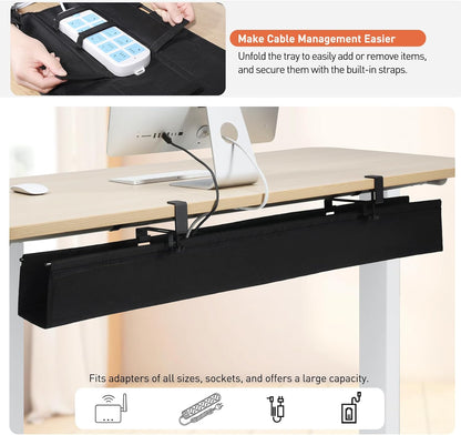 MAXECHO Under Desk Cable Management Tray 28" - Clamp on Wire and Cable Organizer for Storage and to Hide Cords - Ideal for Home Office - Premium Black Fabric Design