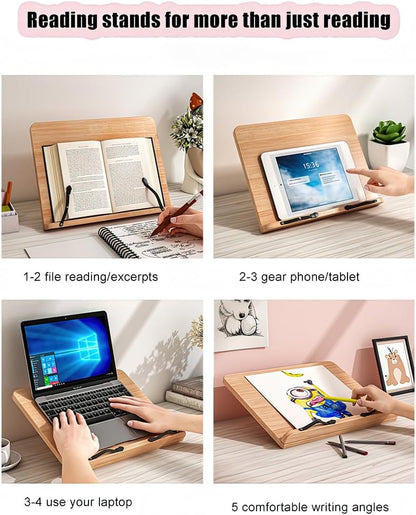 Bamboo Book Stand with Page Clips - Adjustable Holder for Cookbooks/Textbooks, Stable Lightweight Portable Reading Desk (Natural Bamboo)